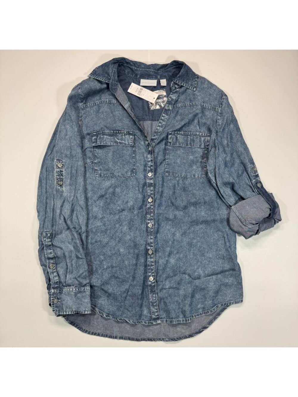New York & Company Shirt Women M Blue Lyocell Chambray Button-Up Roll-Tab Sleeve